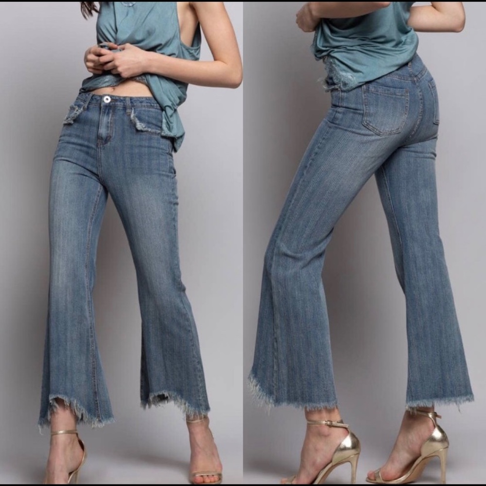 POL Raw Frayed Step Hem Flare Striped Jeans - Picture 2 of 9